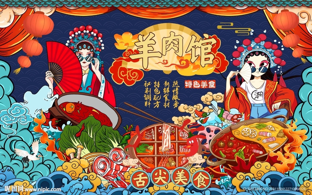 国潮羊肉馆背景墙图片