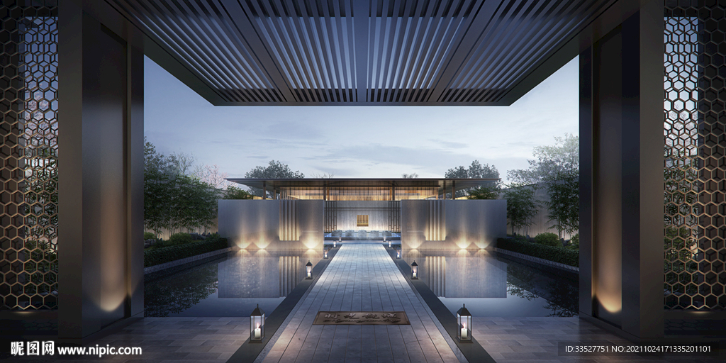 古镇度假酒店入口会所夜景效果图