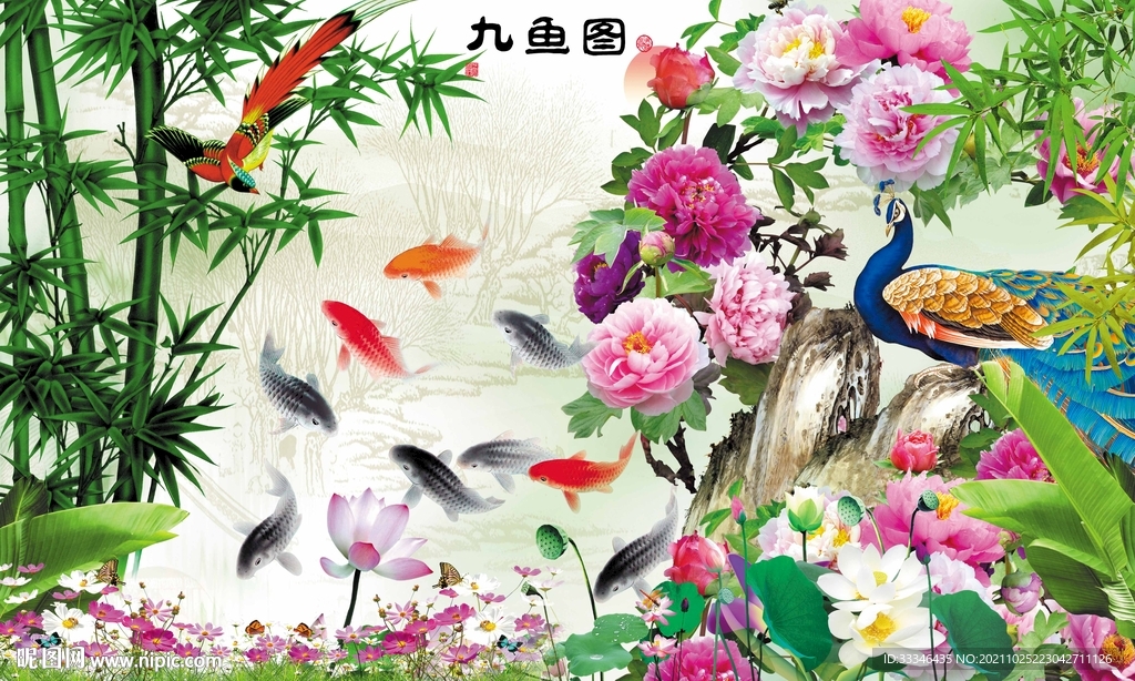 孔雀牡丹背景墙