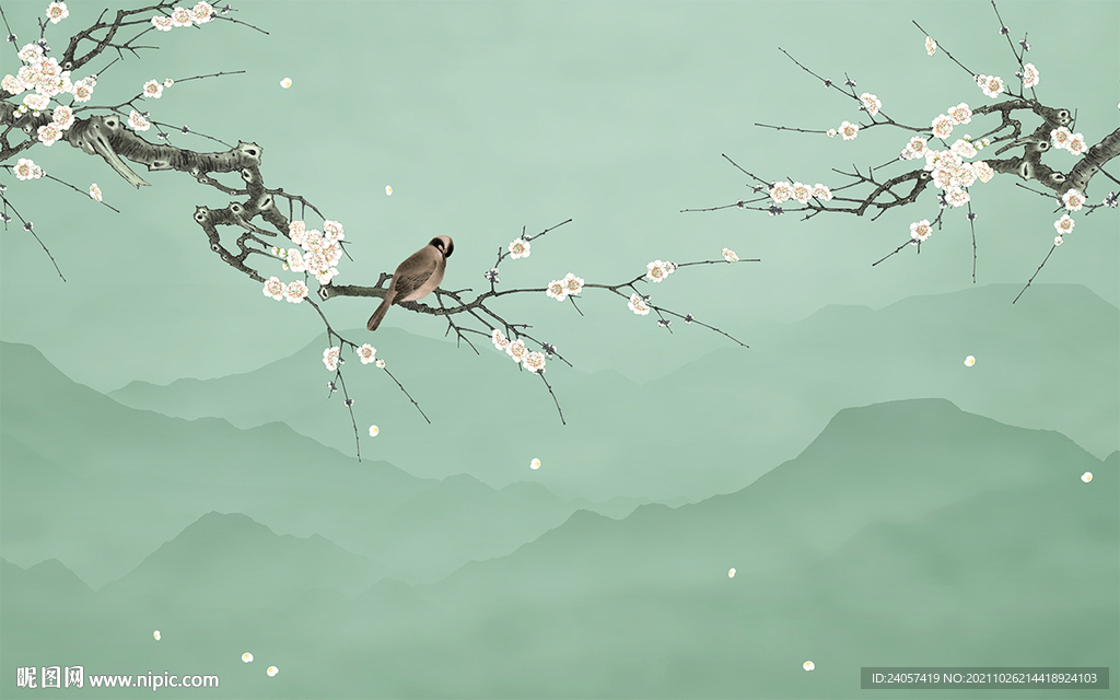 新中式梅花工笔花鸟背景墙装饰画