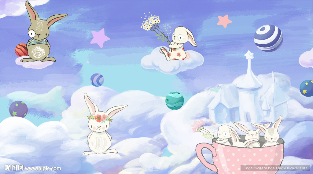 卡通天空之城儿童房背景墙