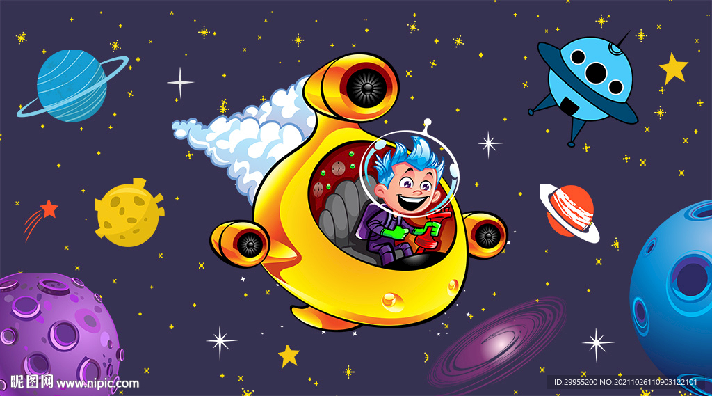 卡通星球儿童房背景墙
