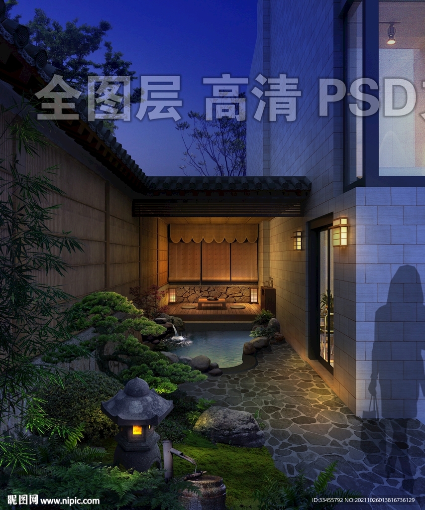 日式庭院楼阁夜景