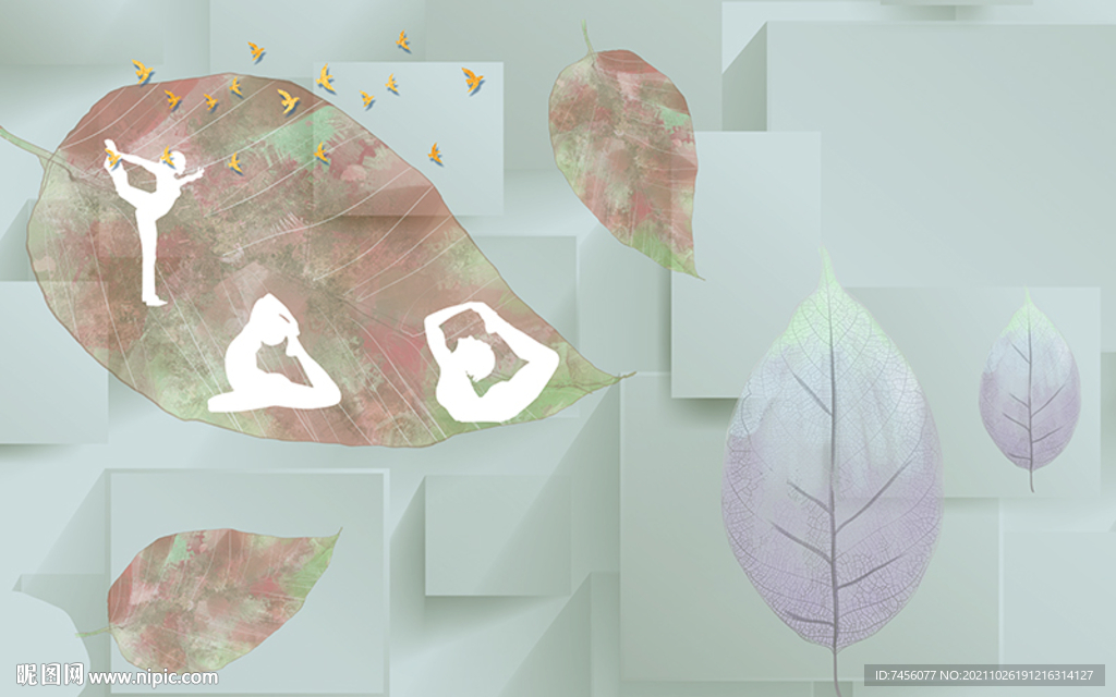 水彩树叶花卉背景墙