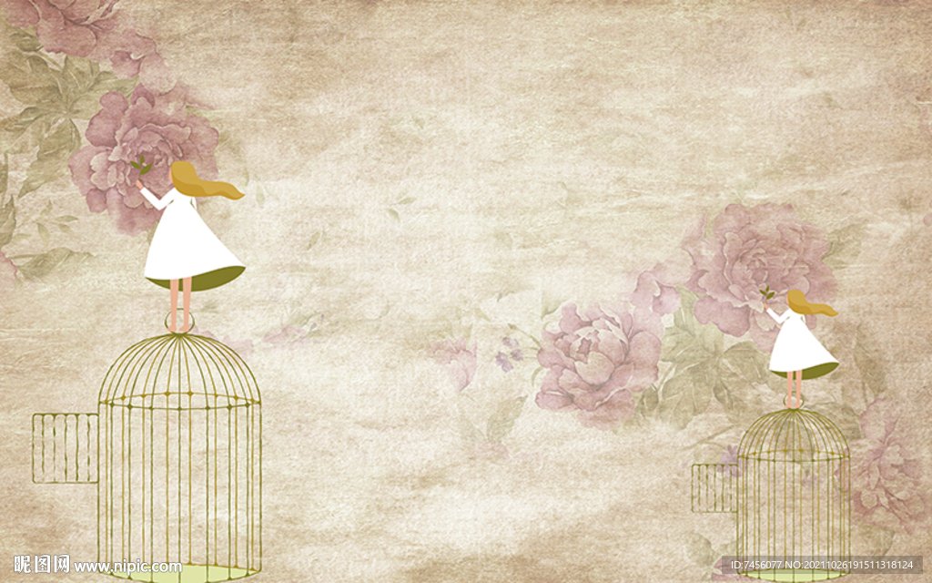 鸟笼女孩复古背景墙