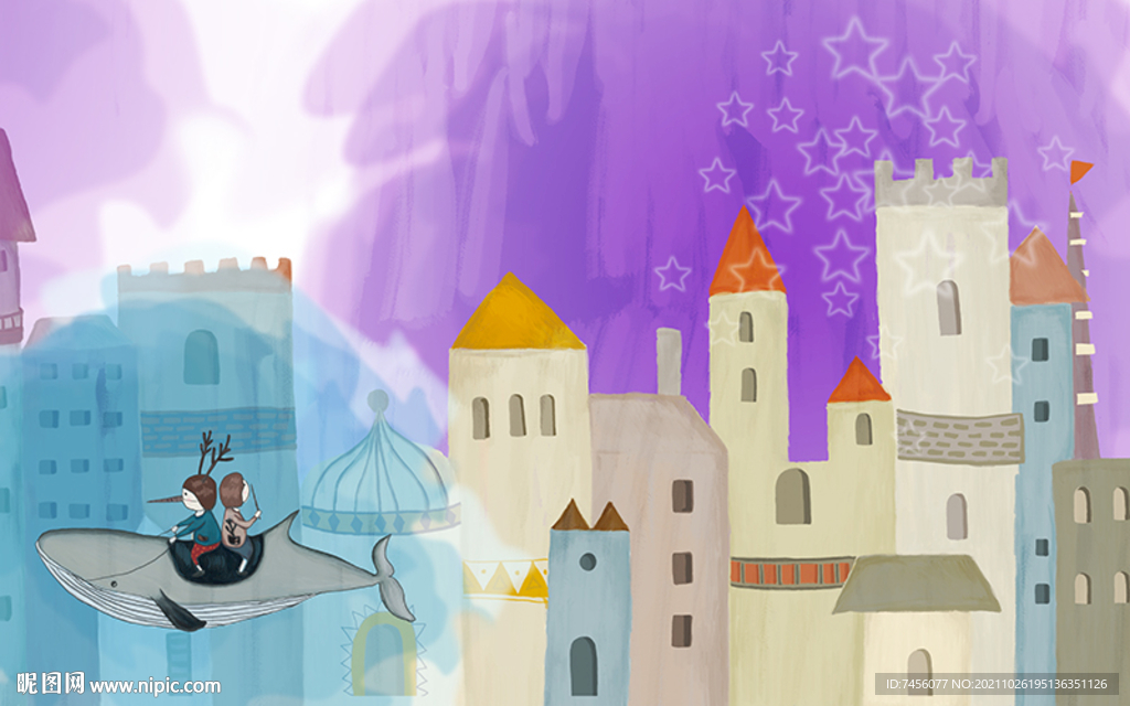 儿童房水彩建筑背景墙