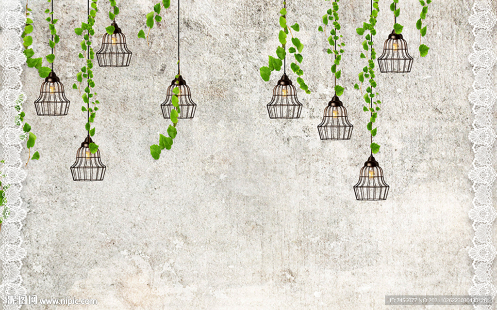 复古墙面植物吊灯背景墙