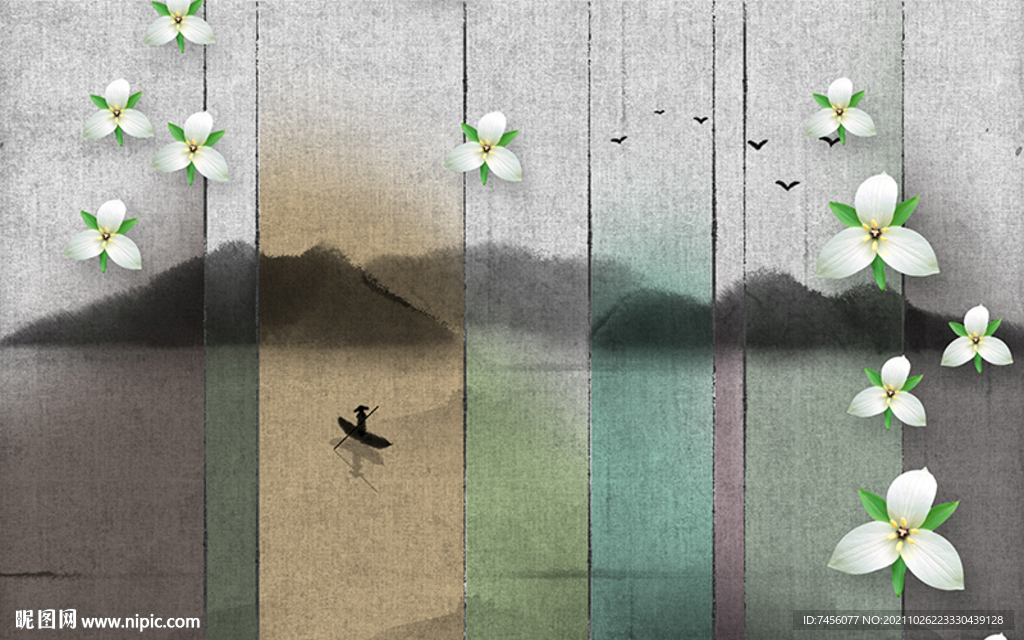 水墨湖畔木纹花卉背景墙