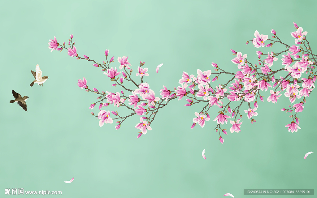 新中式手绘玉兰工笔花鸟背景墙