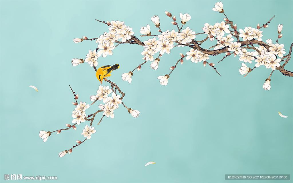 新中式工笔花鸟手绘玉兰背景墙