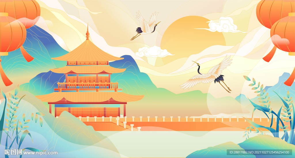 古亭建筑丹顶鹤国风插画