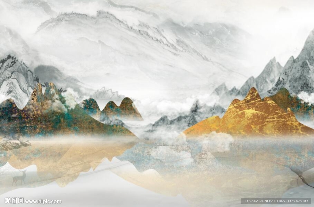 中式金箔山水背景墙