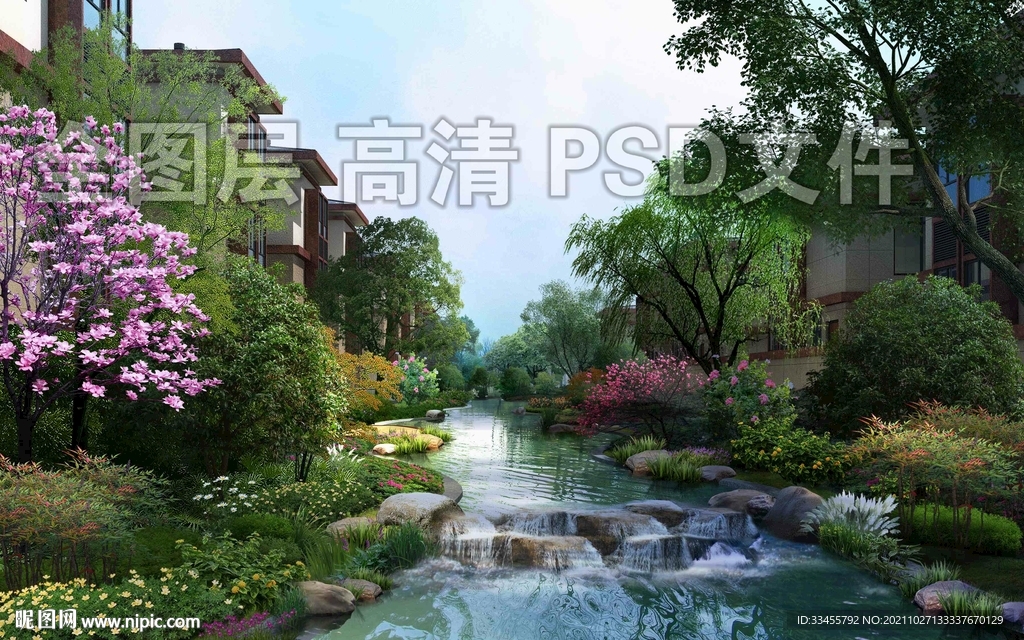 小区绿化溪水小河石头