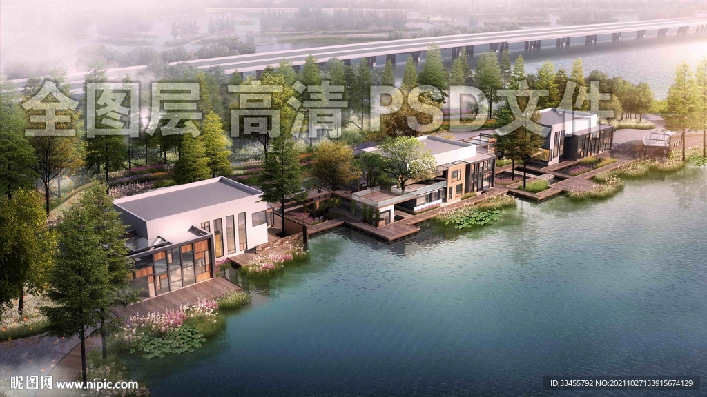 湿地滨水建筑航拍鸟瞰
