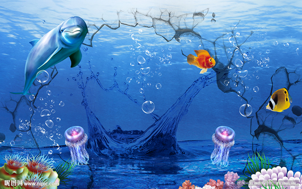 海底世界海豚鱼背景墙