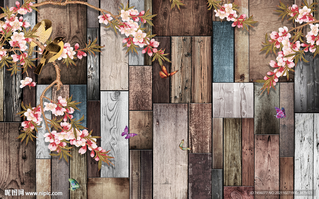 花鸟木板立体背景墙
