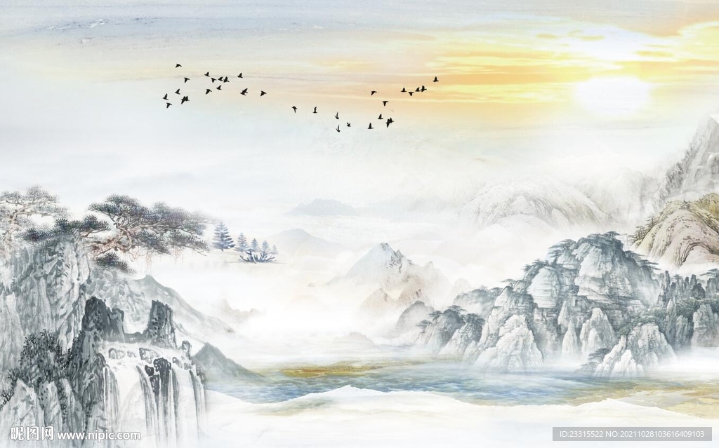 旭日东升新中式山水背景墙