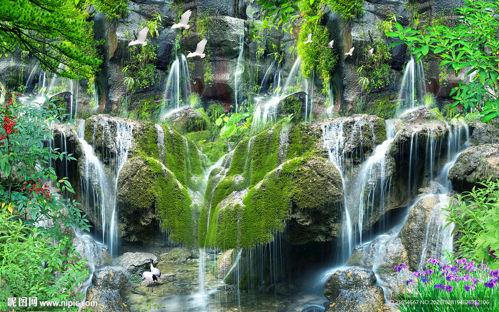 高山流水瀑布风景背景墙