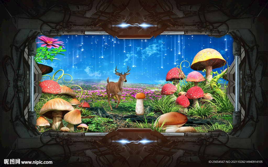 蘑菇梦幻场景风景画背景墙