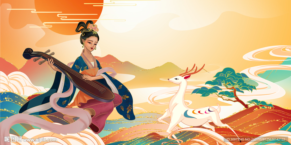 敦煌风仙女白鹿背景