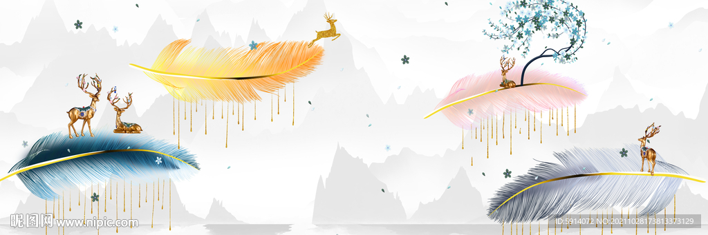 装饰画 晶瓷画 麋鹿 羽毛