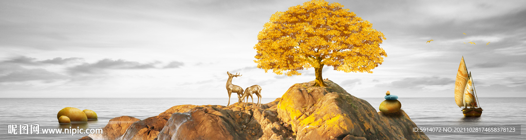 装饰画 晶瓷画 树 小岛