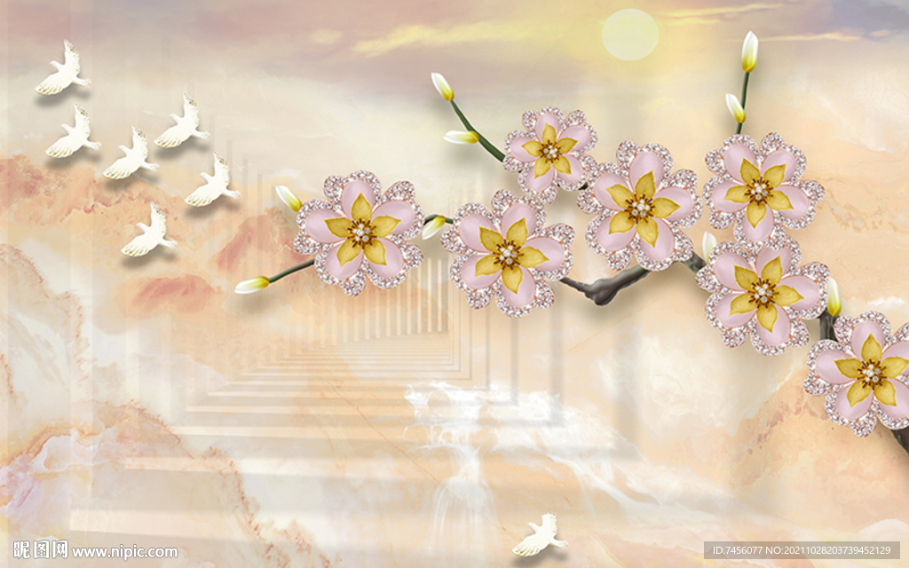 花卉花枝飞鸟立体背景墙 