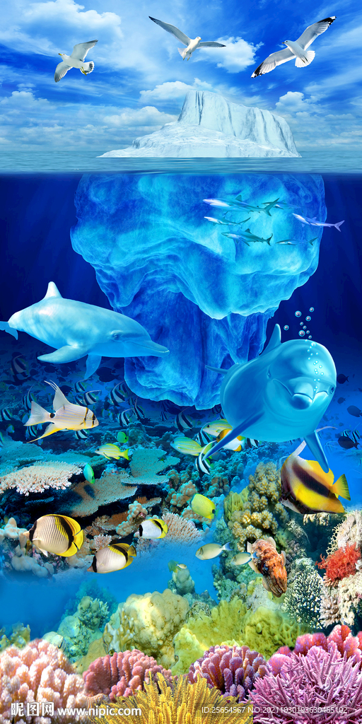 3D海底世界海豚玄关图背景墙