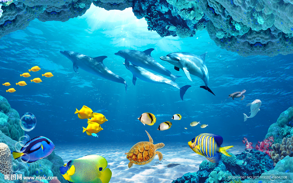 嬉戏海底世界3D海电视背景墙
