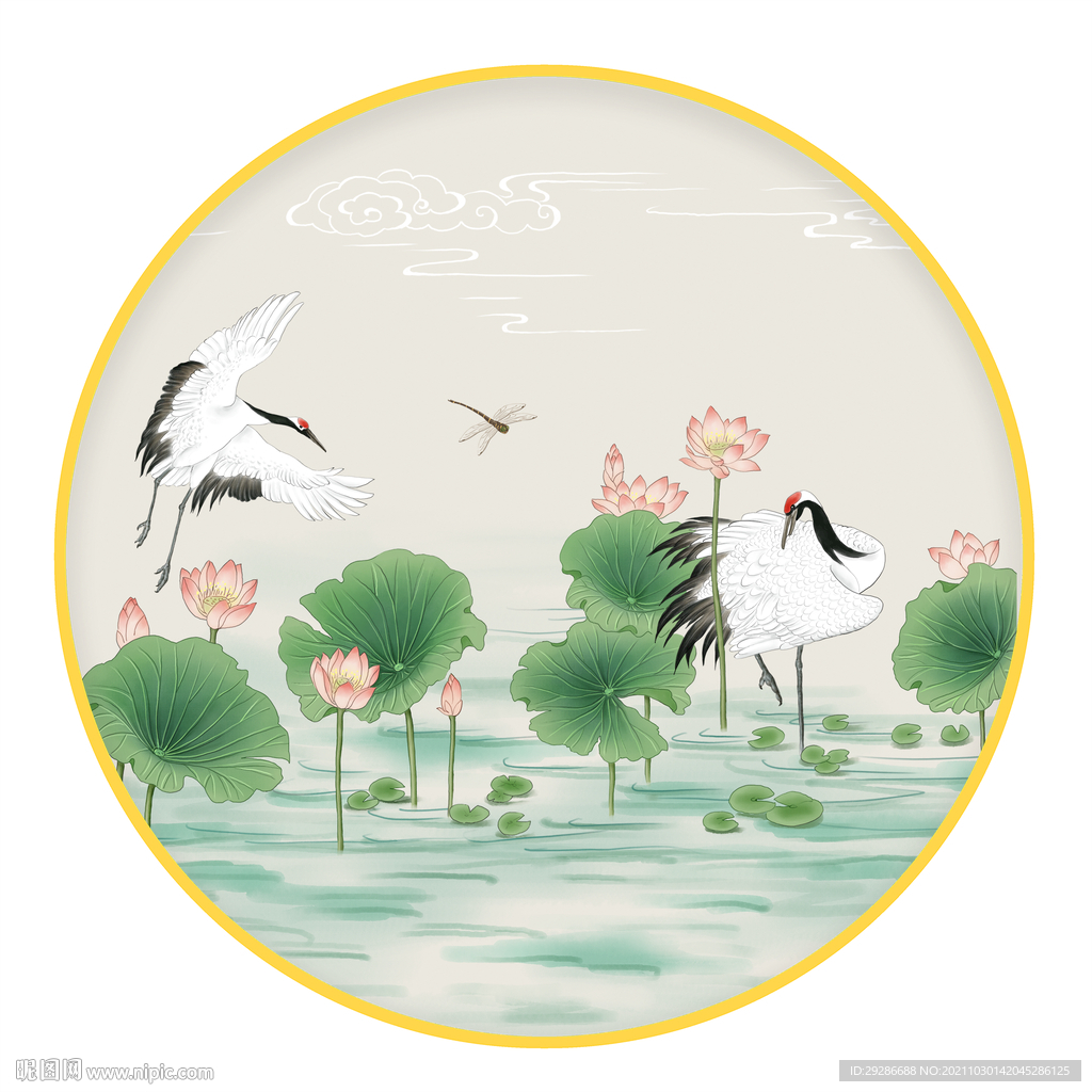 圆形画 荷花