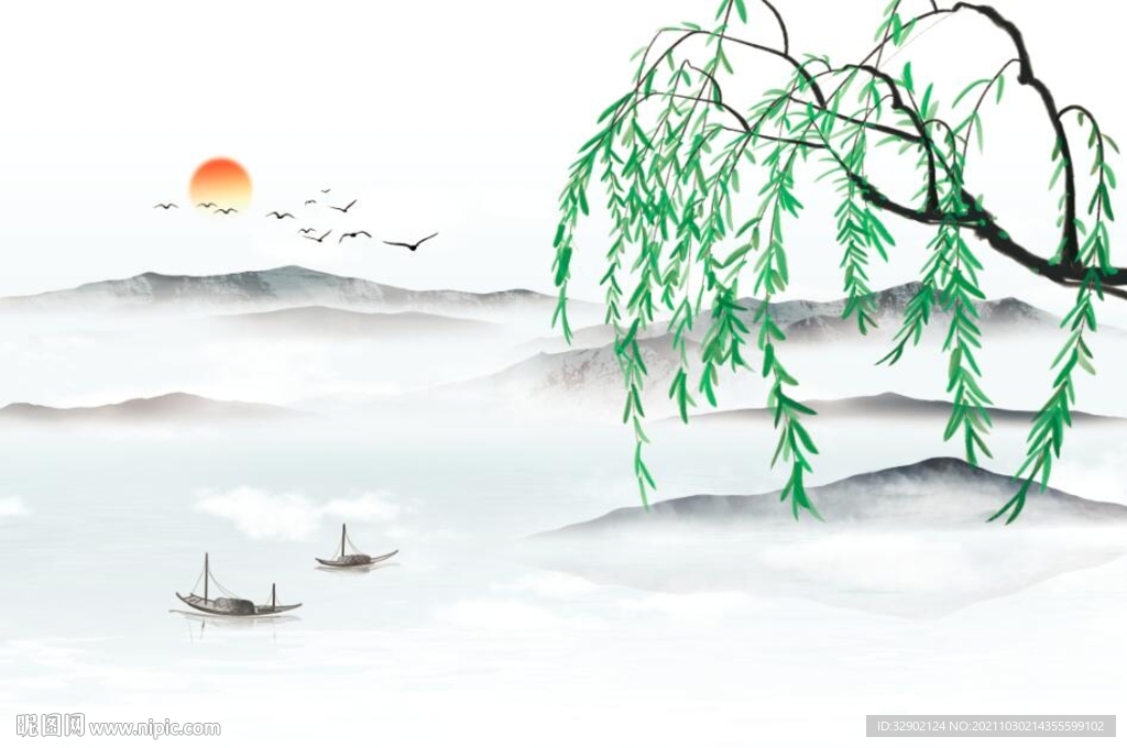 手绘柳树山水背景墙