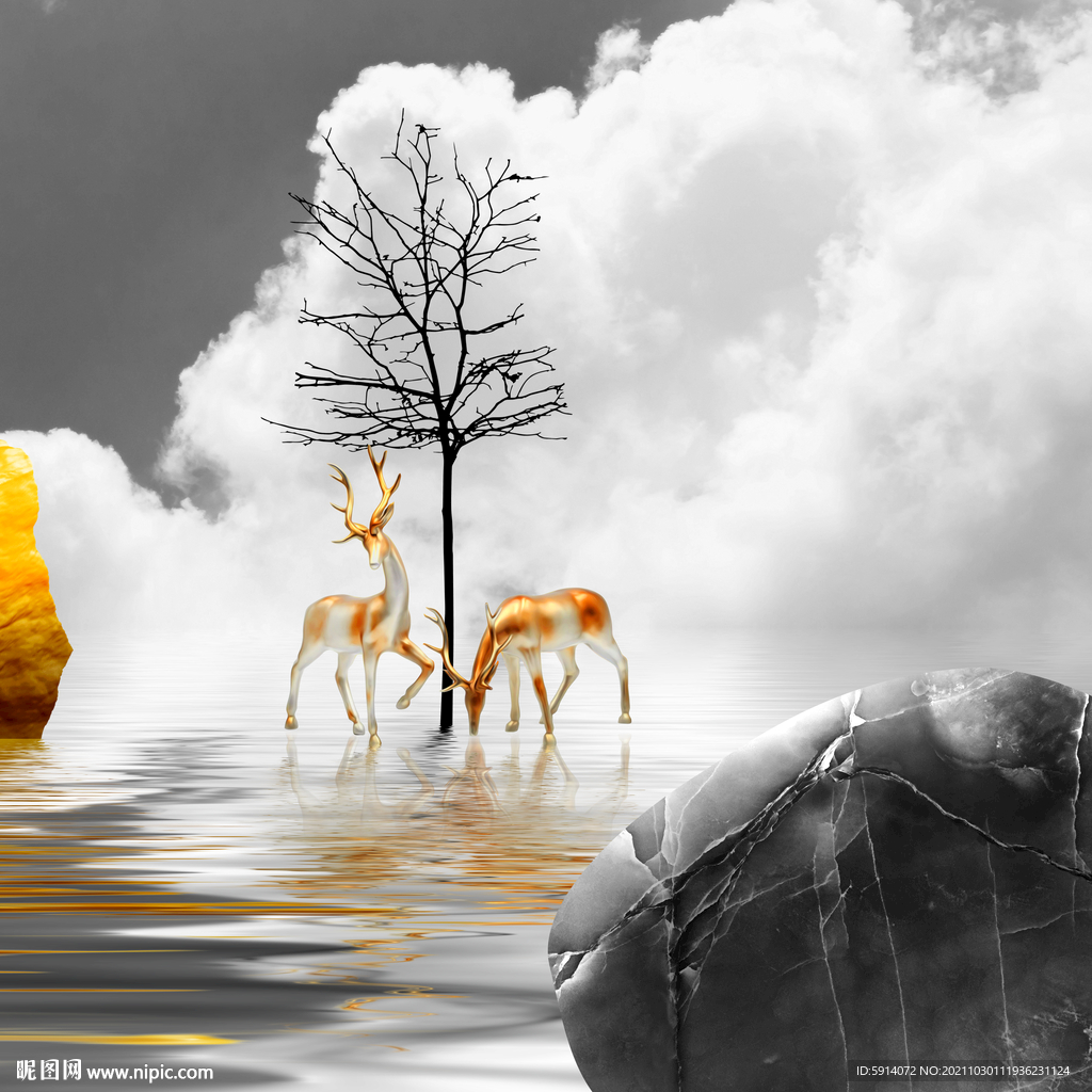 装饰画 晶瓷画 麋鹿