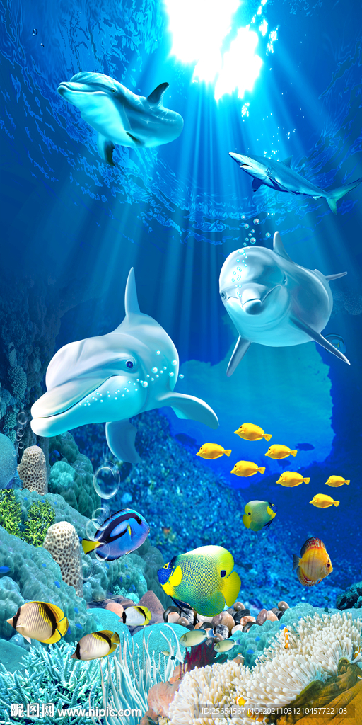 海豚海底世界3D玄关背景墙