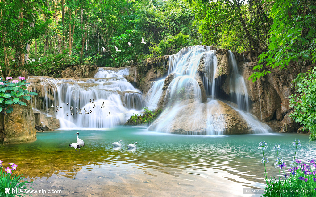 瀑布山水风景画
