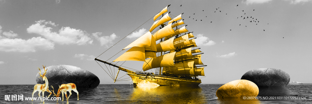 金色帆船装饰画图片