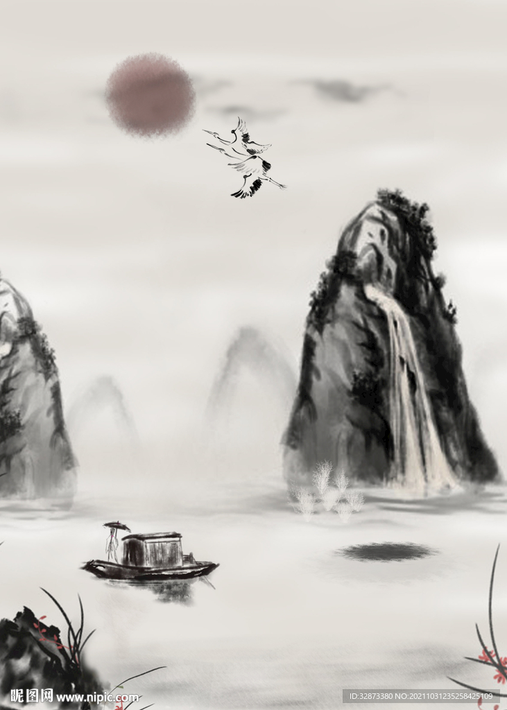 手绘国画意境水墨山水画