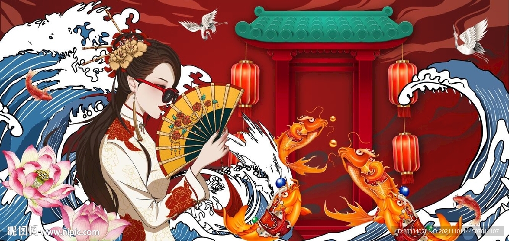 中国风国潮美食餐饮背景墙壁画