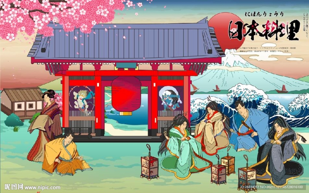 浮世绘古代日本料理餐饮背景墙