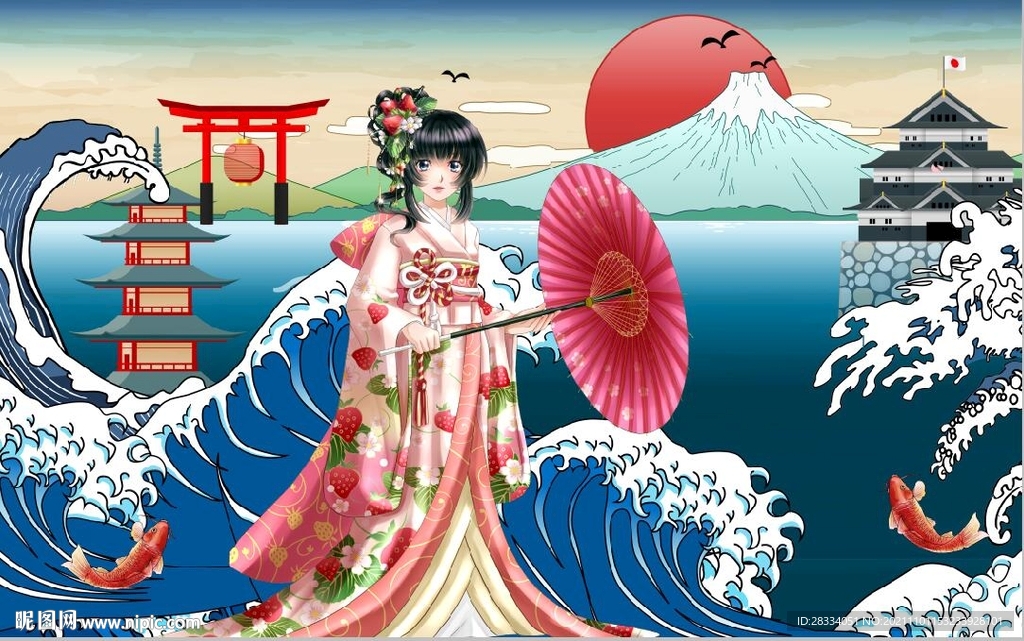 浮世绘日本和服美料理餐饮背景墙