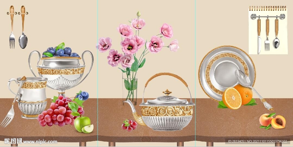 花瓶水果餐具餐厅装饰画