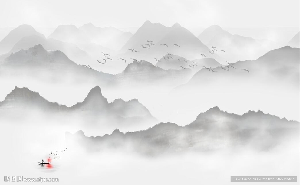 新中式水墨国画山水背景墙壁画