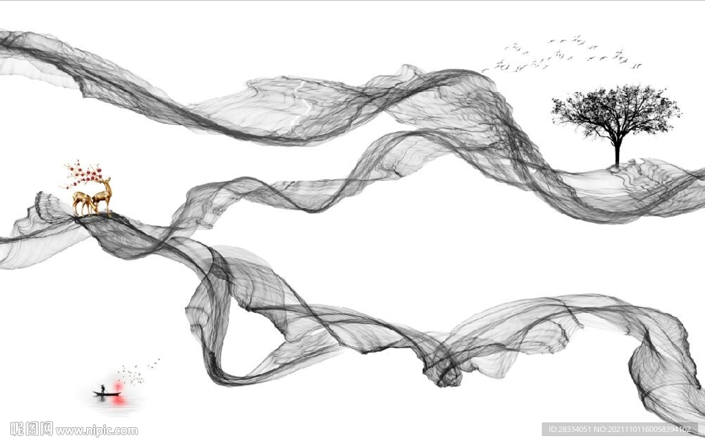 新中式抽象水墨麋鹿山水背景墙