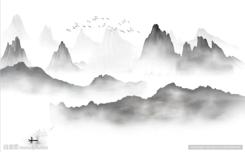 新中式水墨国画山水背景墙壁画