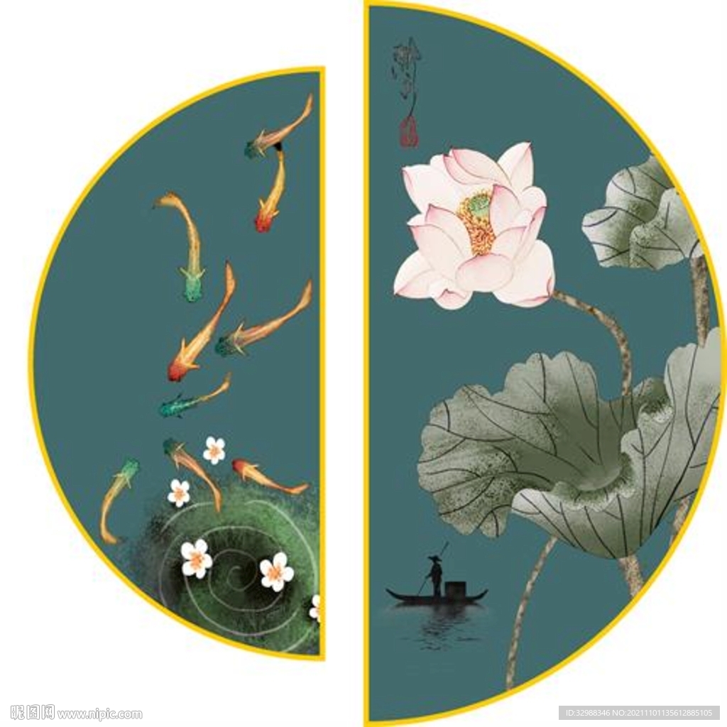 中式手绘荷花圆形装饰画图片
