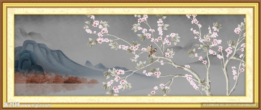 玉兰花鸟山水装饰画图片
