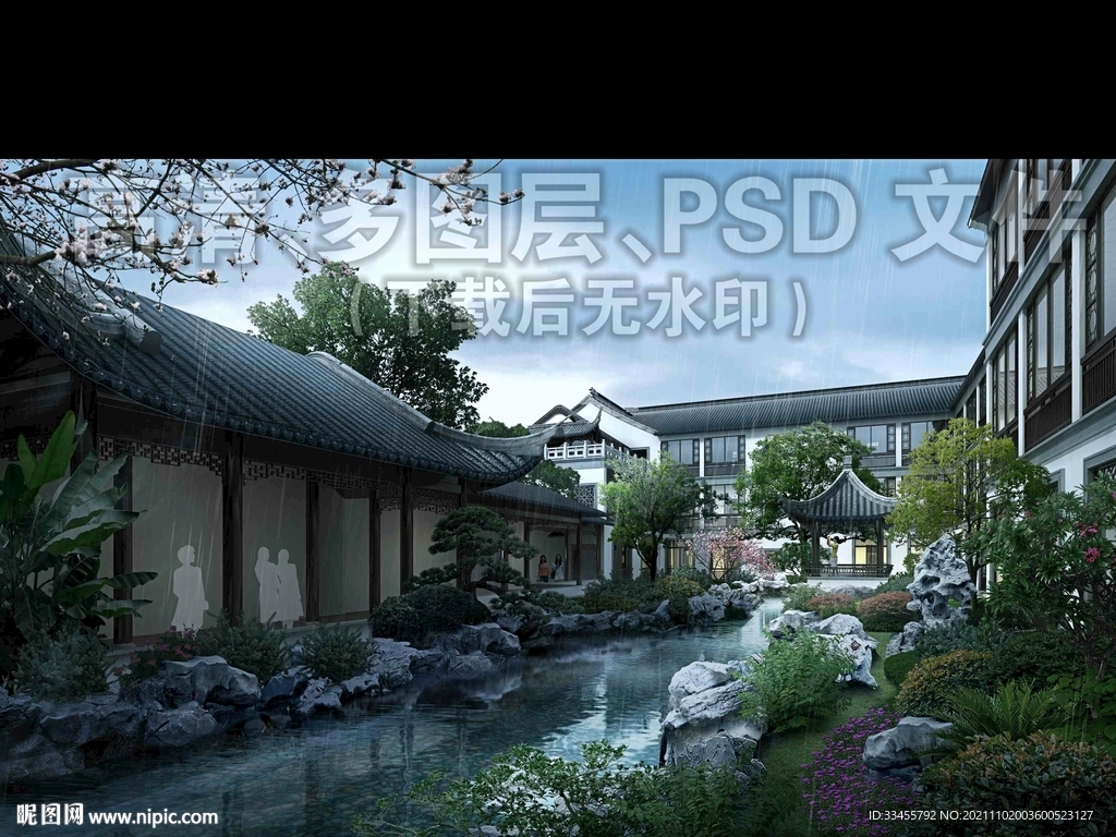 太湖石古建园林景观雨景