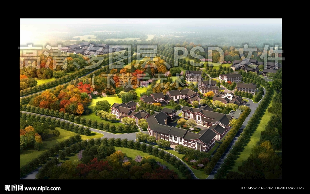 秋季树林古建航拍