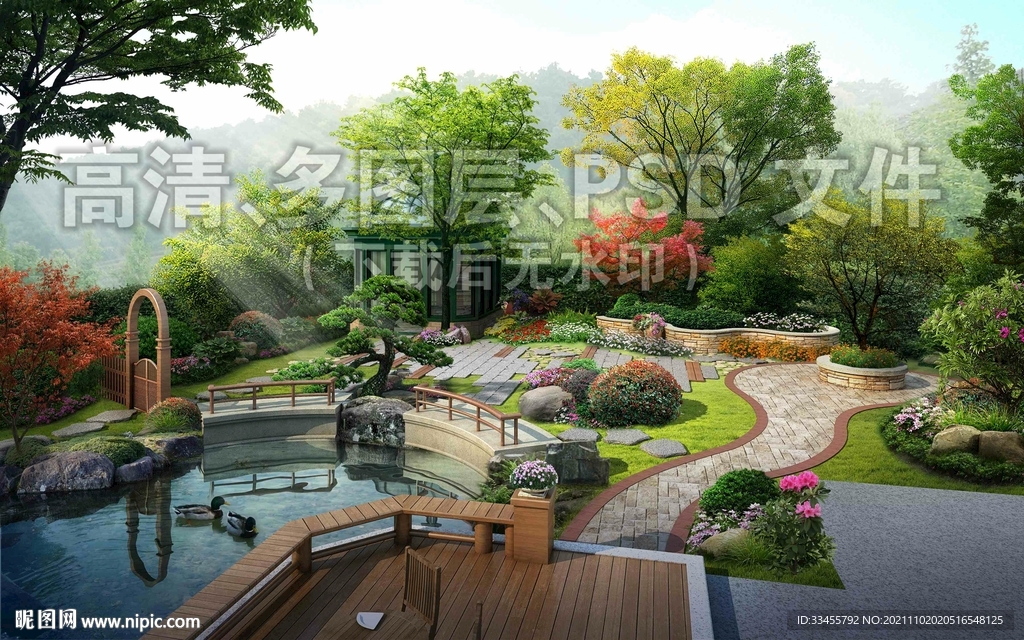 欧式庭院水池景石花境