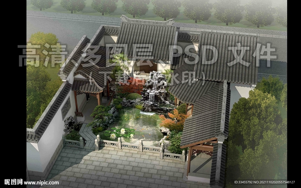 古建假山园林景观航拍鸟瞰