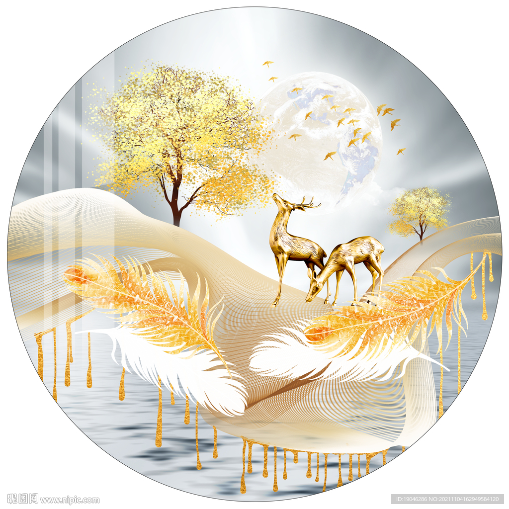金色发财树麋鹿现代圆形装饰画